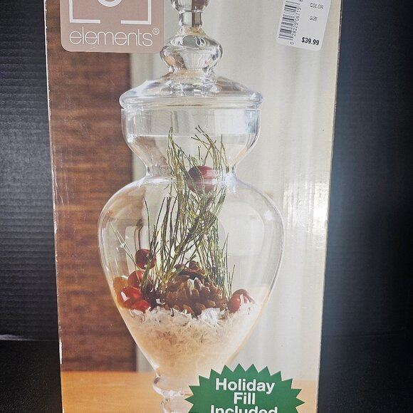 Elements Large Clear Apothecary Glass Jar With Faux Snow Pine Cones Berries - Picture 4 of 10
